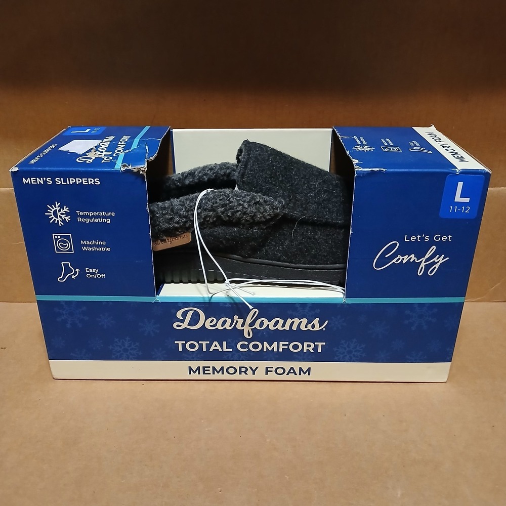 Dearfoams Mens  Large (11-12) Total Comfort Memory Foam Slipper Gray Black
